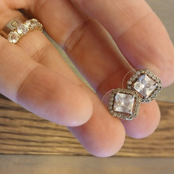Halo Diamond Square Stud Earrings - Picture 1 of 2